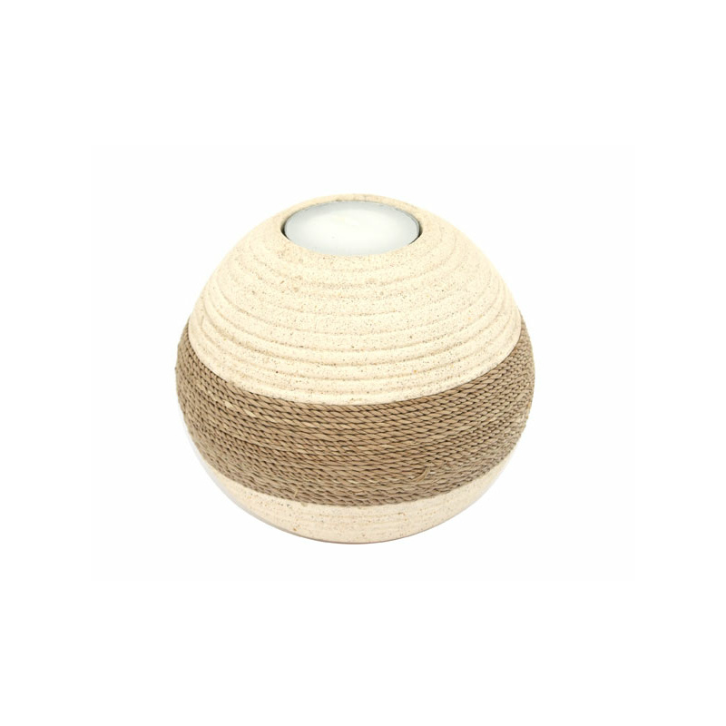 Teelichthalter Kugel aus Sandstein mit Bastverzierung - für ein Teelicht