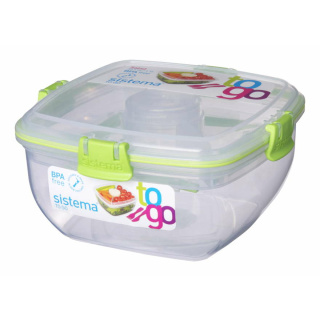 Sistema Salatbox To Go + Besteck + Dressingbehälter  4-fach unterteilt quadratisch grün 1,1 l