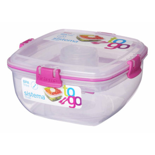 Sistema Salatbox To Go + Besteck + Dressingbehälter  4-fach unterteilt quadratisch pink 1,1 l